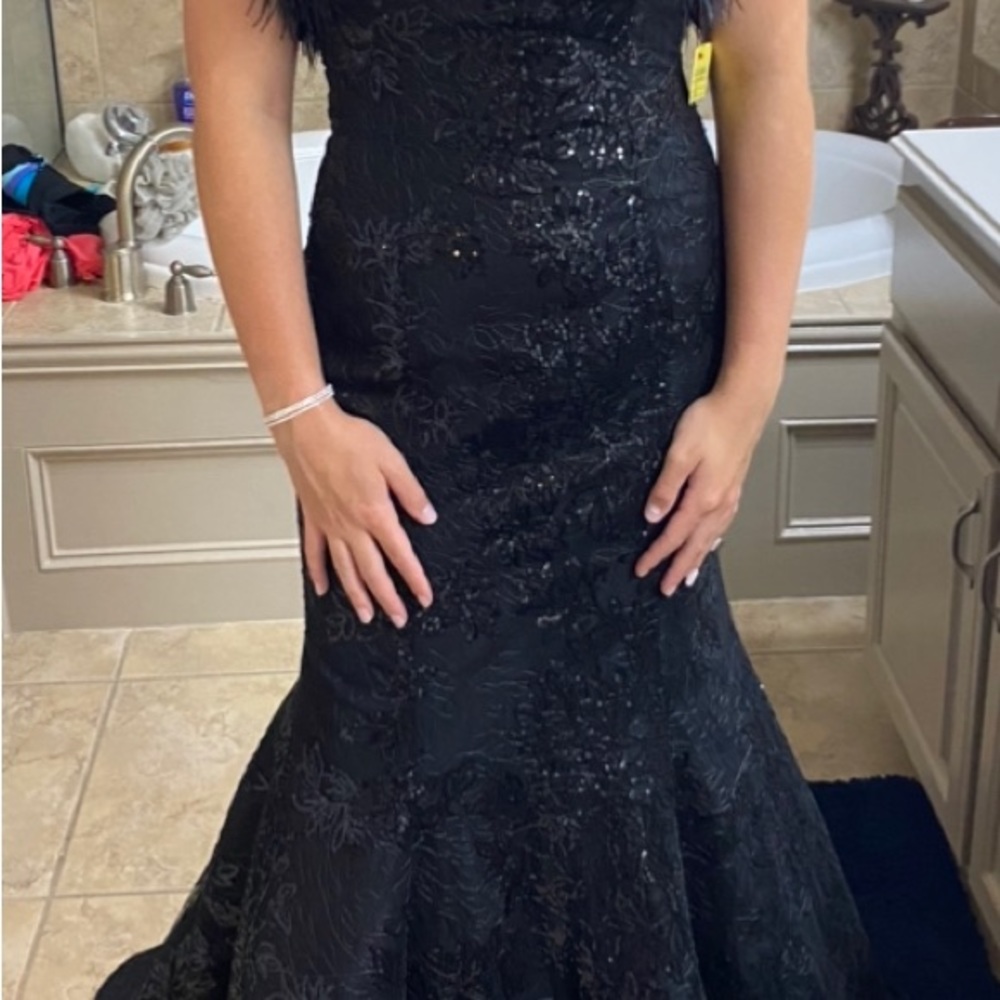 Black Sherri Hill, formal dress with feather accent - Picture 3 of 4
